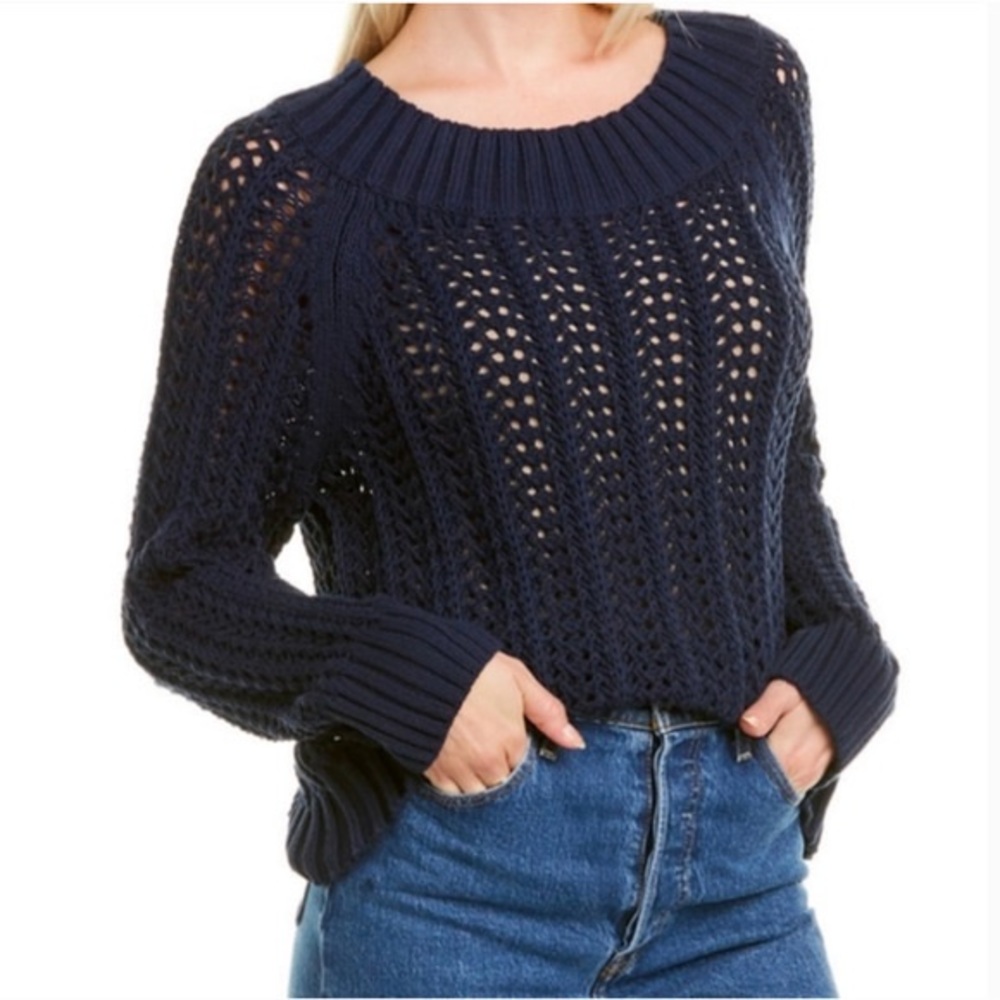 J. Crew Wide Neck Beach Navy Blue Pointelle Knit Sweater - S